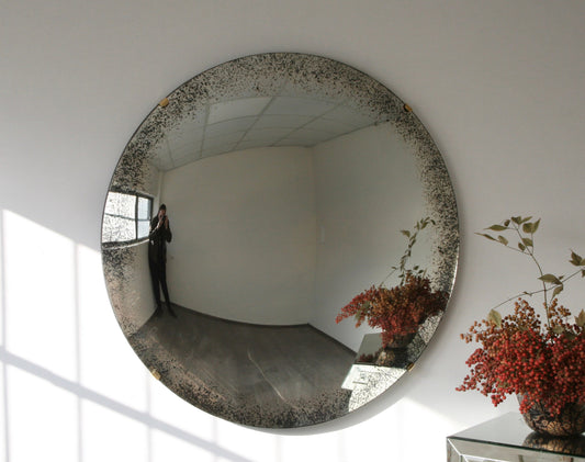 Antiqued Convex Mirror with Brass Clips, Hand crafted, Antiqued Wall Mirror, Curve Mirror, Wall Decor, Space Age