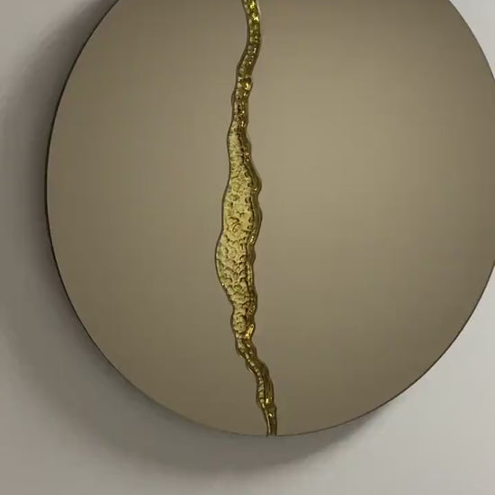 Fracture™ - Contemporary Round Frameless Bronze Mirror with Brass Detailed, Hand crafted, Brass Round Mirror