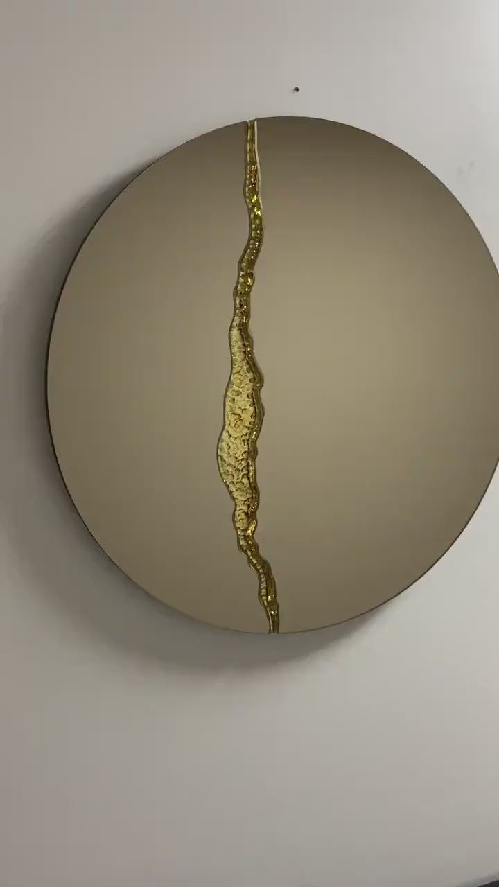 Fracture™ - Contemporary Round Frameless Bronze Mirror with Brass Detailed, Hand crafted, Brass Round Mirror