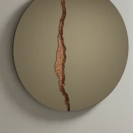 Fracture™ - Contemporary Round Frameless Bronze Mirror with Copper Detailed, Hand crafted, Copper Round Mirror