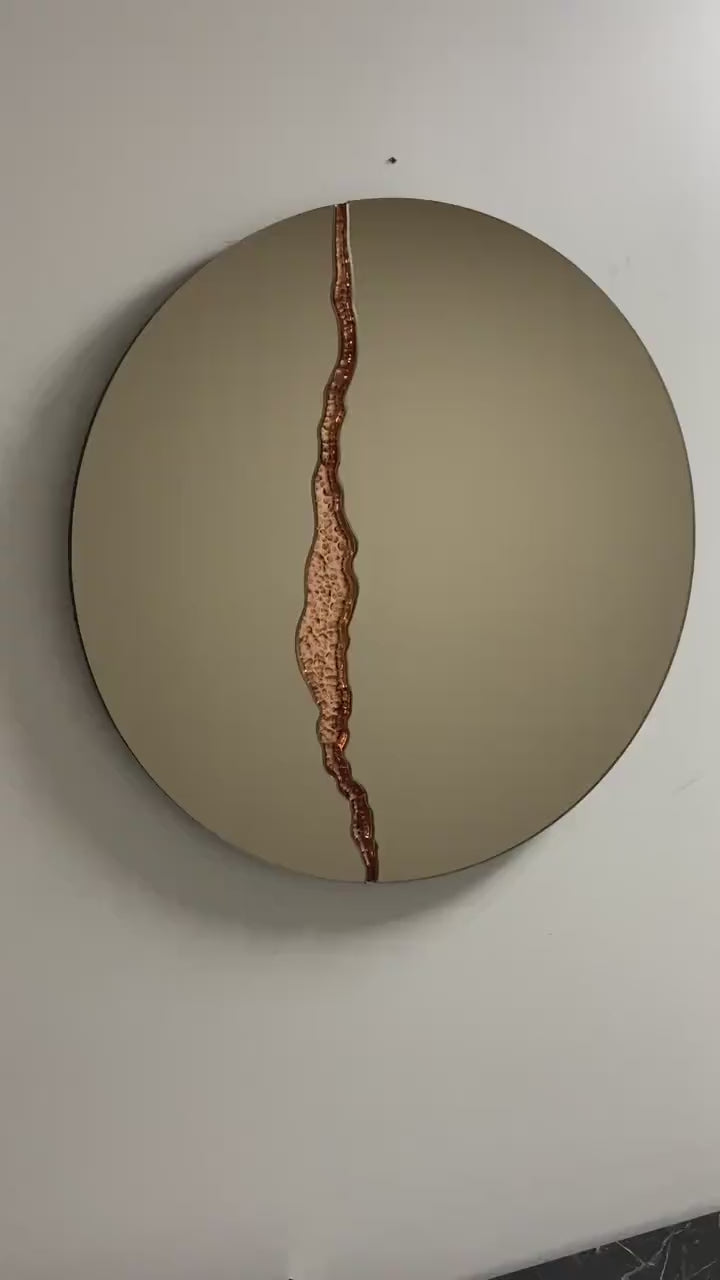 Fracture™ - Contemporary Round Frameless Bronze Mirror with Copper Detailed, Hand crafted, Copper Round Mirror