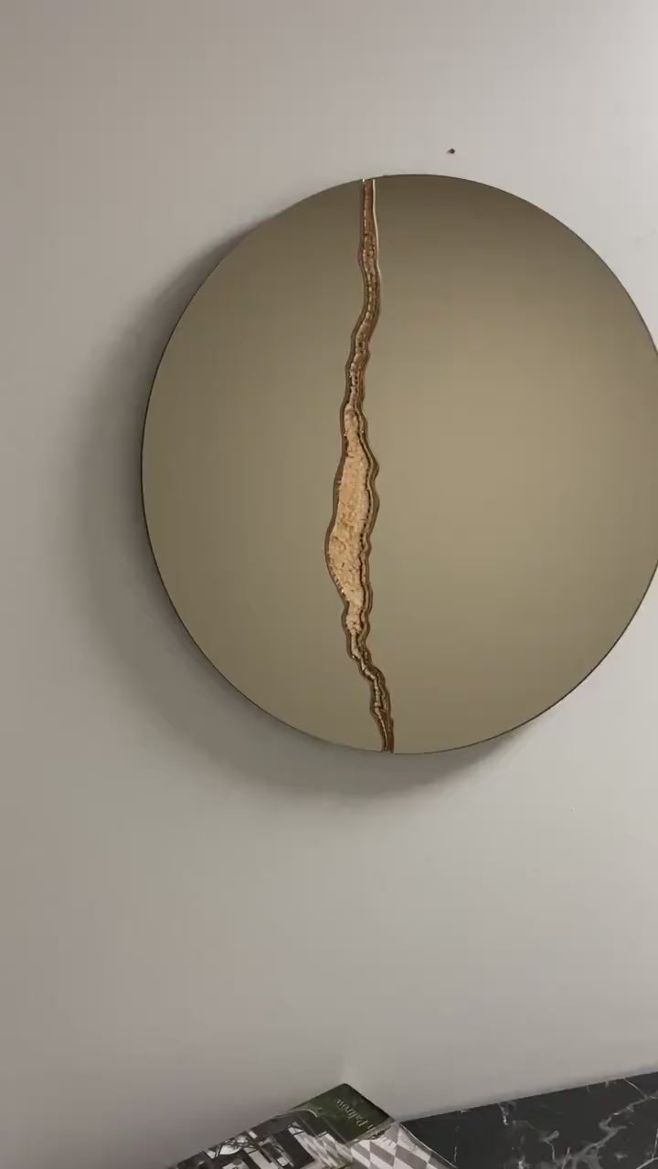 Fracture™ - Contemporary Round Frameless Bronze Mirror with Bronze Detailed, Hand crafted, Bronze Round Mirror