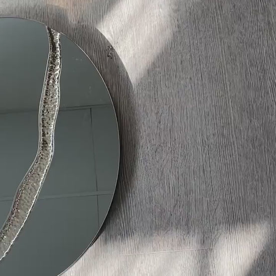 Fracture™ - Contemporary Oval Frameless Light Black Mirror with Silver Detailed, Hand crafted, Circle Wall Mirror