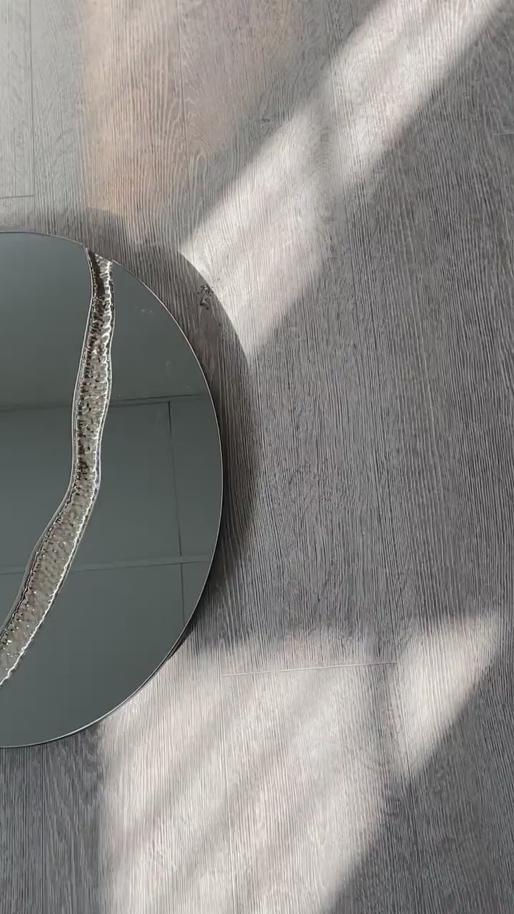 Fracture™ - Contemporary Oval Frameless Light Black Mirror with Silver Detailed, Hand crafted, Circle Wall Mirror