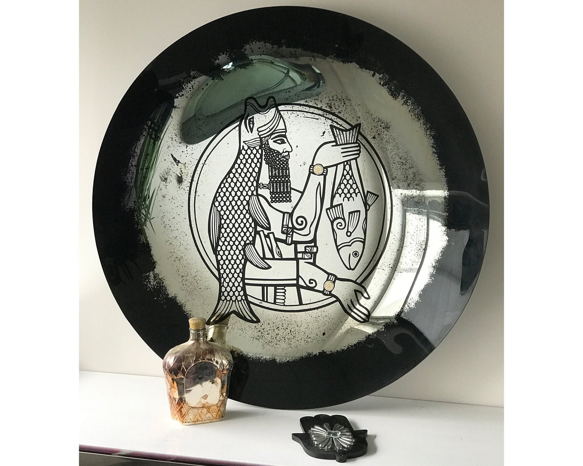 Concave Mirror with Mythological Illustration, Antique Mirror, Mirror Wall Decor, Black Mirror, Aristic Mirror, Mesopotamian Illustration,