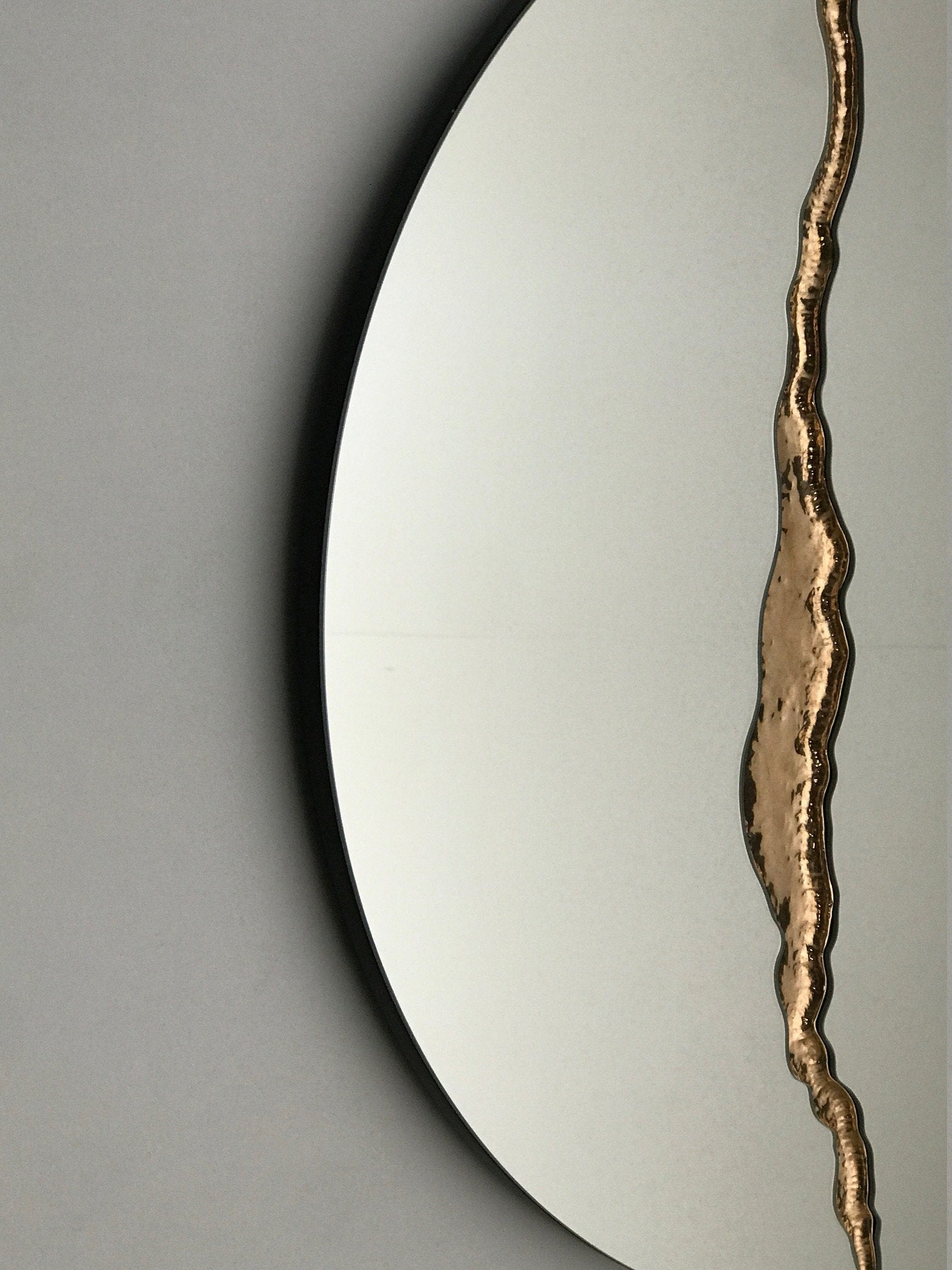 Fracture™ - Contemporary Round Frameless Mirror with Bronze Detailed, Hand crafted, Bronze Round Mirror