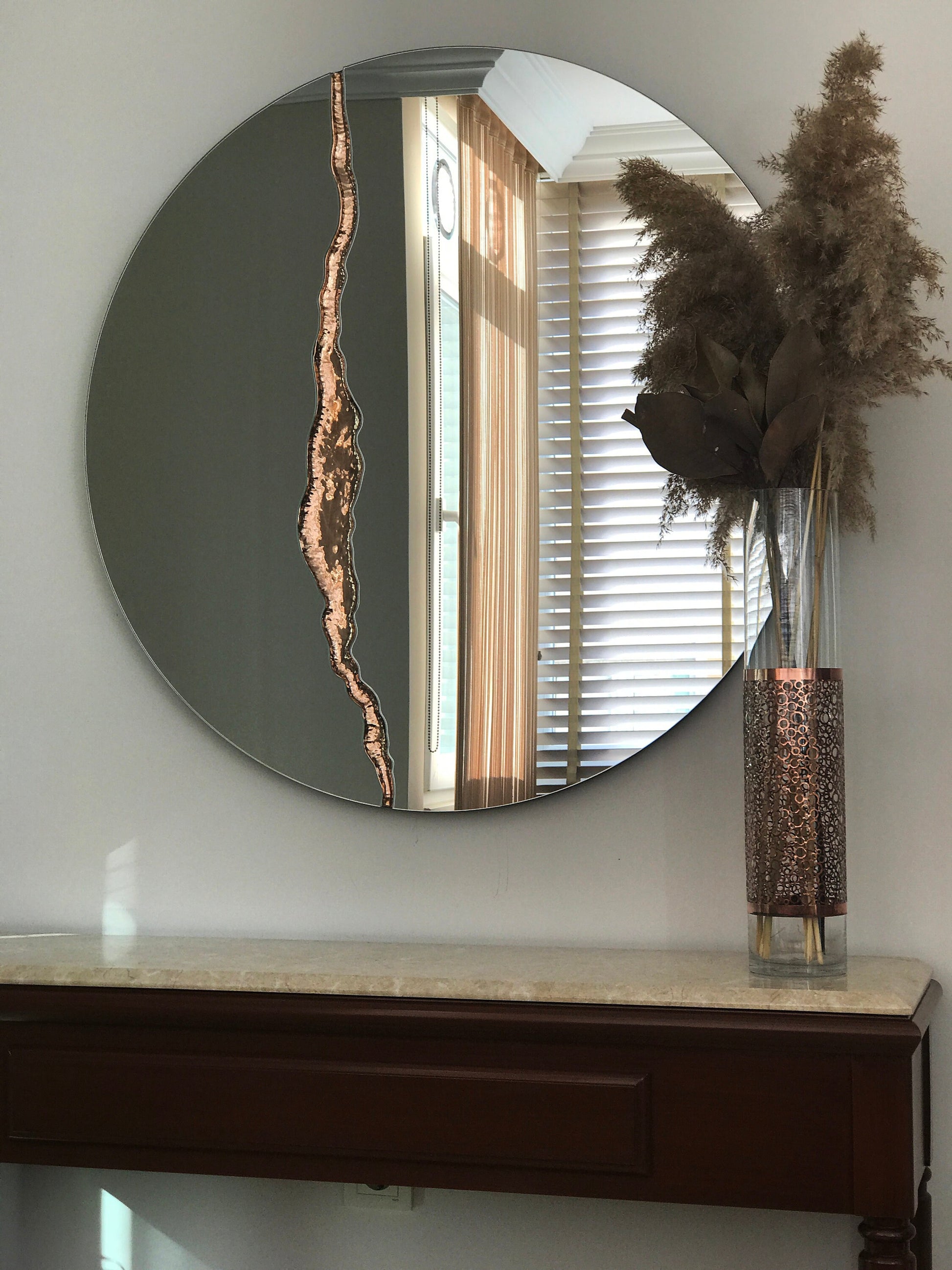 Fracture™ - Contemporary Round Frameless Mirror with Bronze Detailed, Hand crafted, Bronze Round Mirror