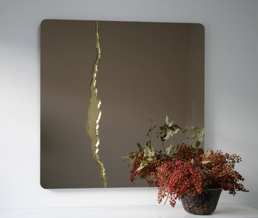 Fracture™ - Bronze Tinted Square Mirror with Brass Detailed, Hand crafted, Brass Square Mirror