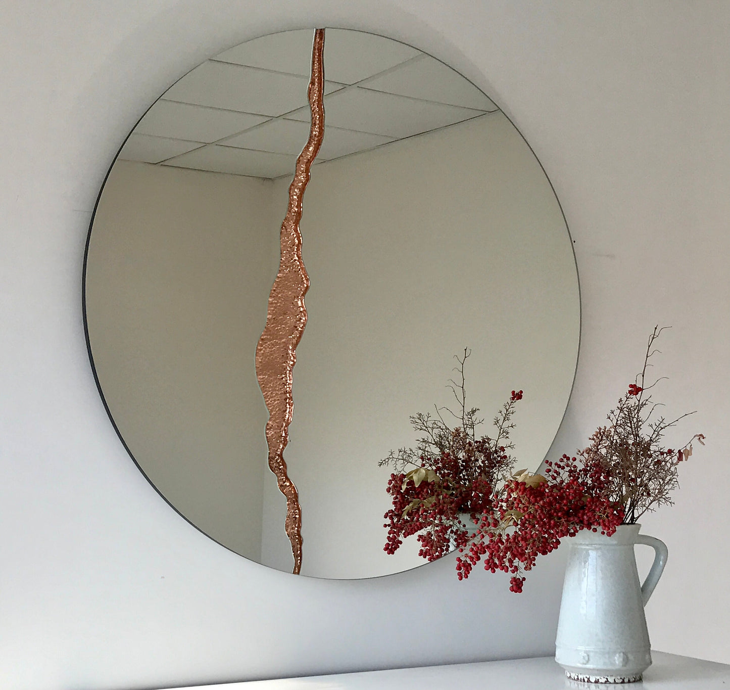 Fracture™ - Contemporary Round Frameless Mirror with Copper Detailed, Hand crafted, Copper Round Mirror