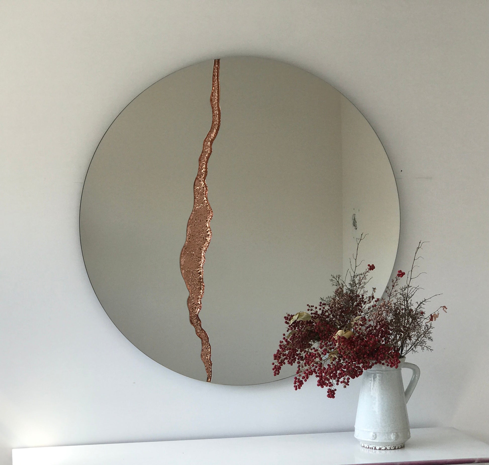 Fracture™ - Contemporary Round Frameless Mirror with Copper Detailed, Hand crafted, Copper Round Mirror