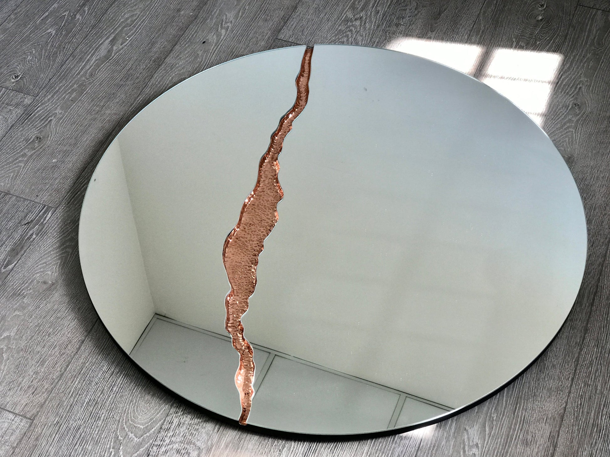 Fracture™ - Contemporary Round Frameless Mirror with Copper Detailed, Hand crafted, Copper Round Mirror