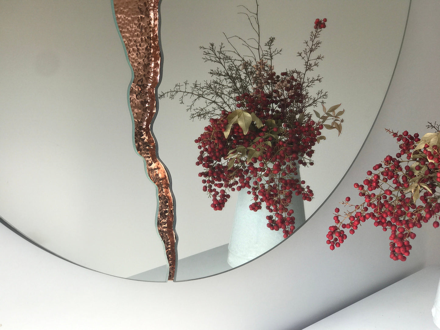 Fracture™ - Contemporary Round Frameless Mirror with Copper Detailed, Hand crafted, Copper Round Mirror