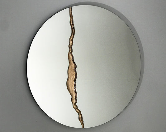 Fracture™ - Contemporary Round Frameless Mirror with Bronze Detailed, Hand crafted, Bronze Round Mirror