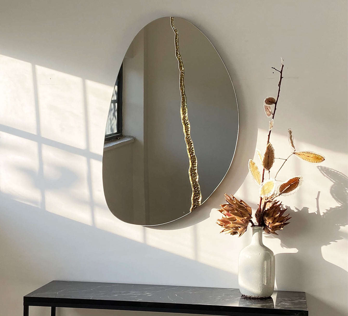 Fracture™ - Contemporary İrregular Mirror with Brass Detailed, Hand crafted, Aesthetic Mirror