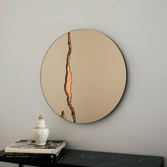 Fracture™ - Contemporary Round Frameless Bronze Mirror with Copper Detailed, Hand crafted, Copper Round Mirror