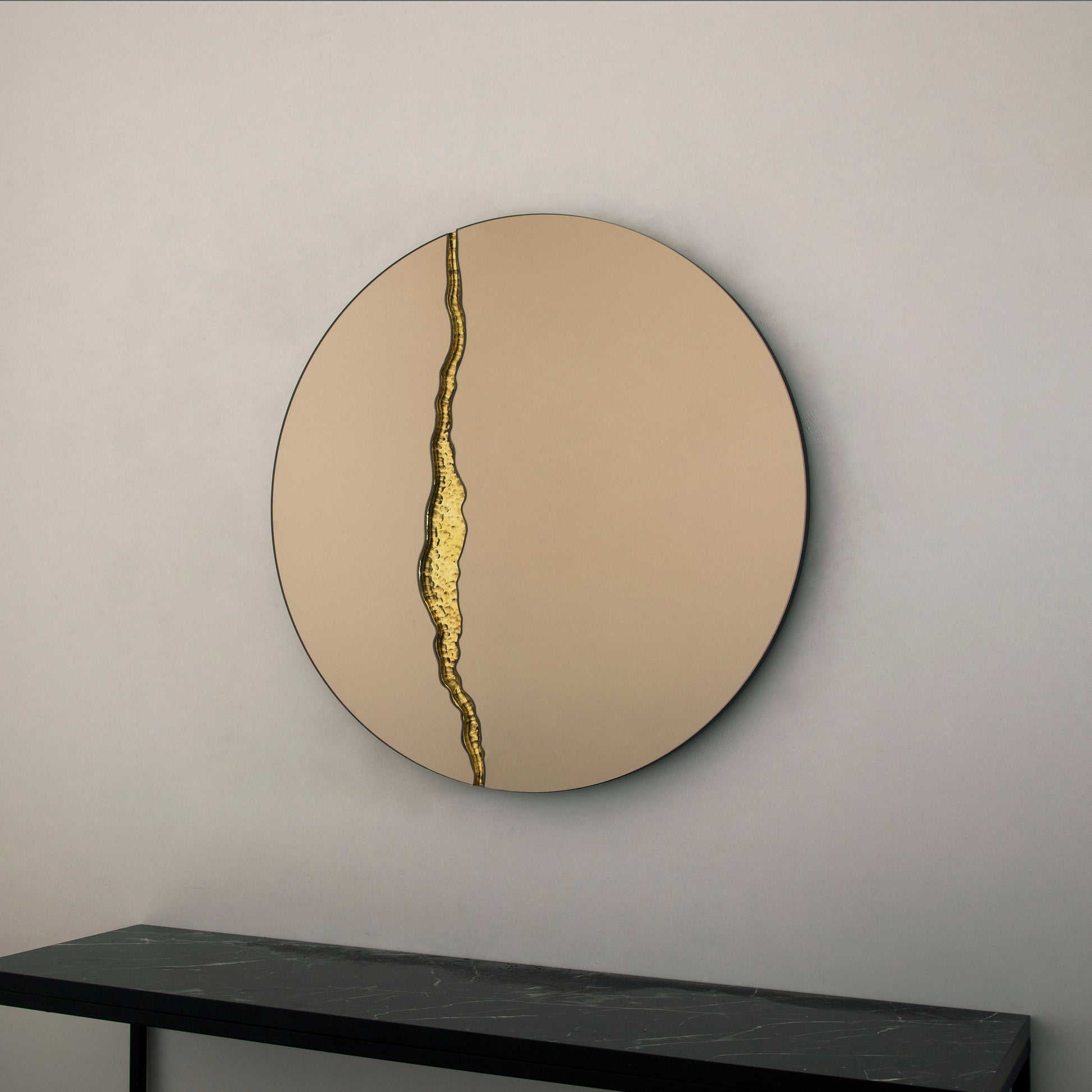 Fracture™ - Contemporary Round Frameless Bronze Mirror with Brass Detailed, Hand crafted, Brass Round Mirror