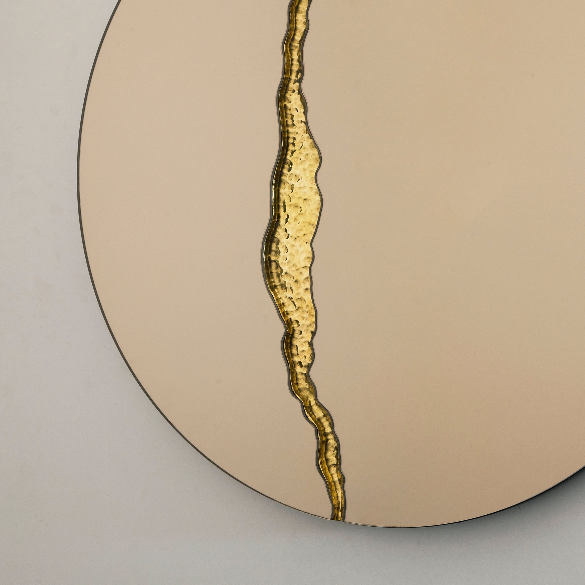 Fracture™ - Contemporary Round Frameless Bronze Mirror with Brass Detailed, Hand crafted, Brass Round Mirror