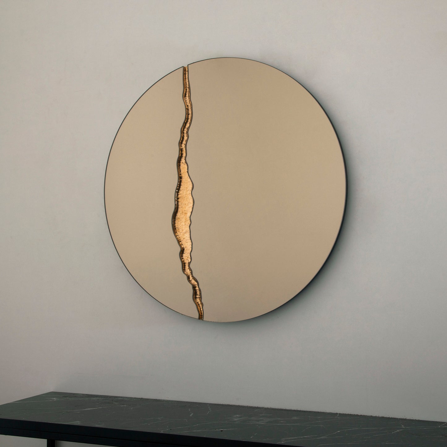 Fracture™ - Contemporary Round Frameless Bronze Mirror with Bronze Detailed, Hand crafted, Bronze Round Mirror