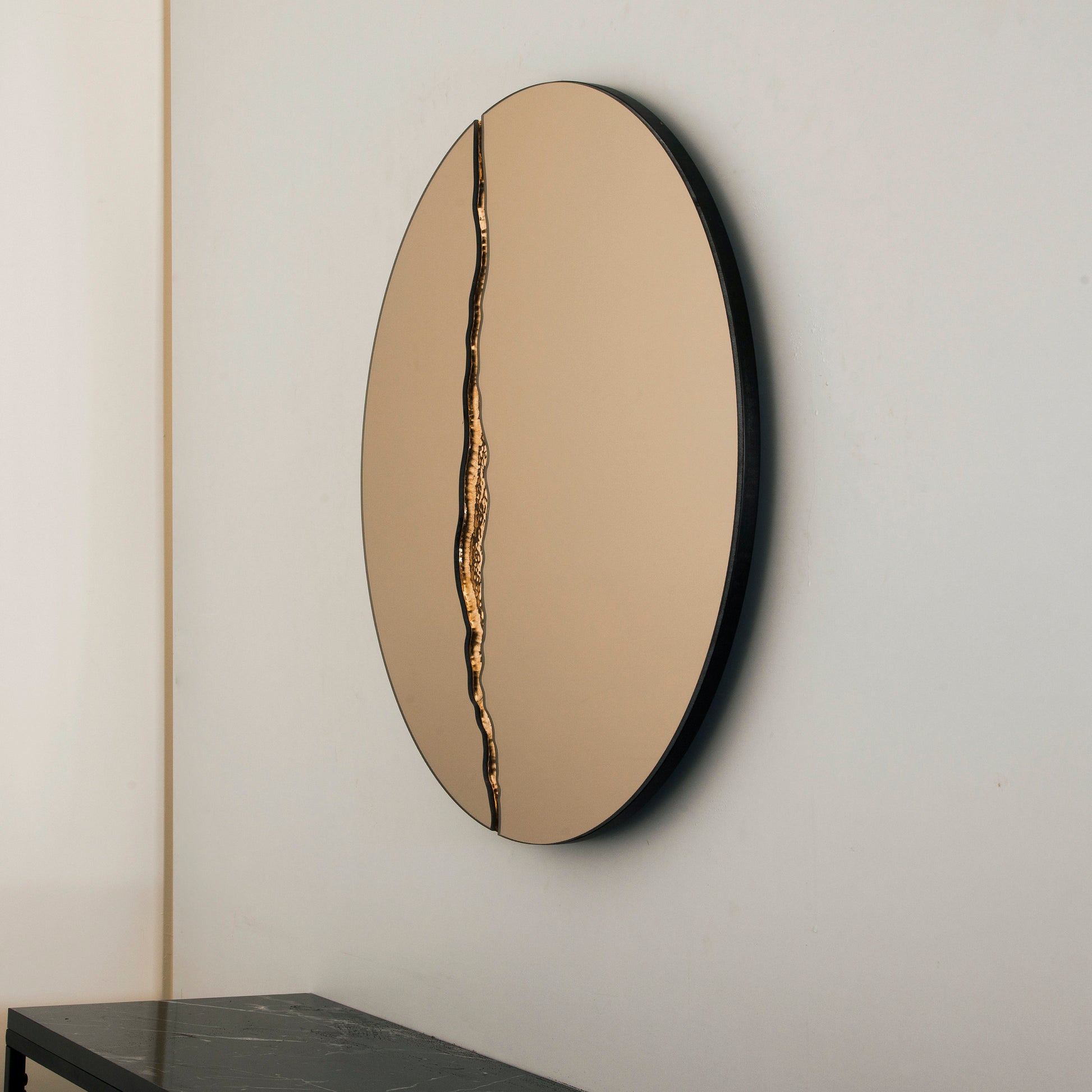 Fracture™ - Contemporary Round Frameless Bronze Mirror with Bronze Detailed, Hand crafted, Bronze Round Mirror