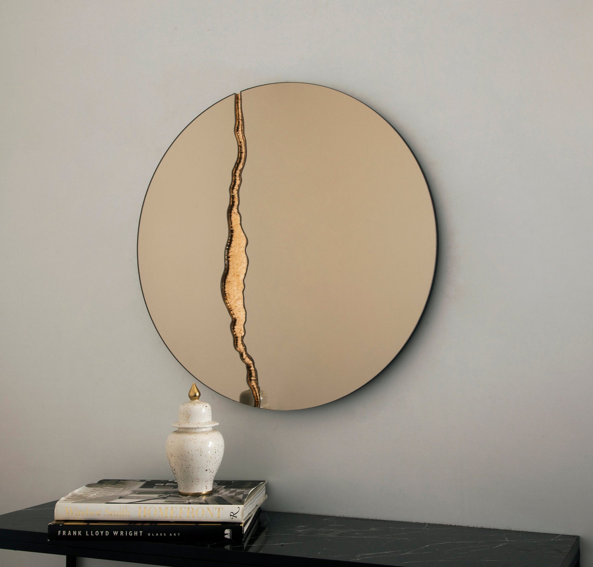 Fracture™ - Contemporary Round Frameless Bronze Mirror with Bronze Detailed, Hand crafted, Bronze Round Mirror