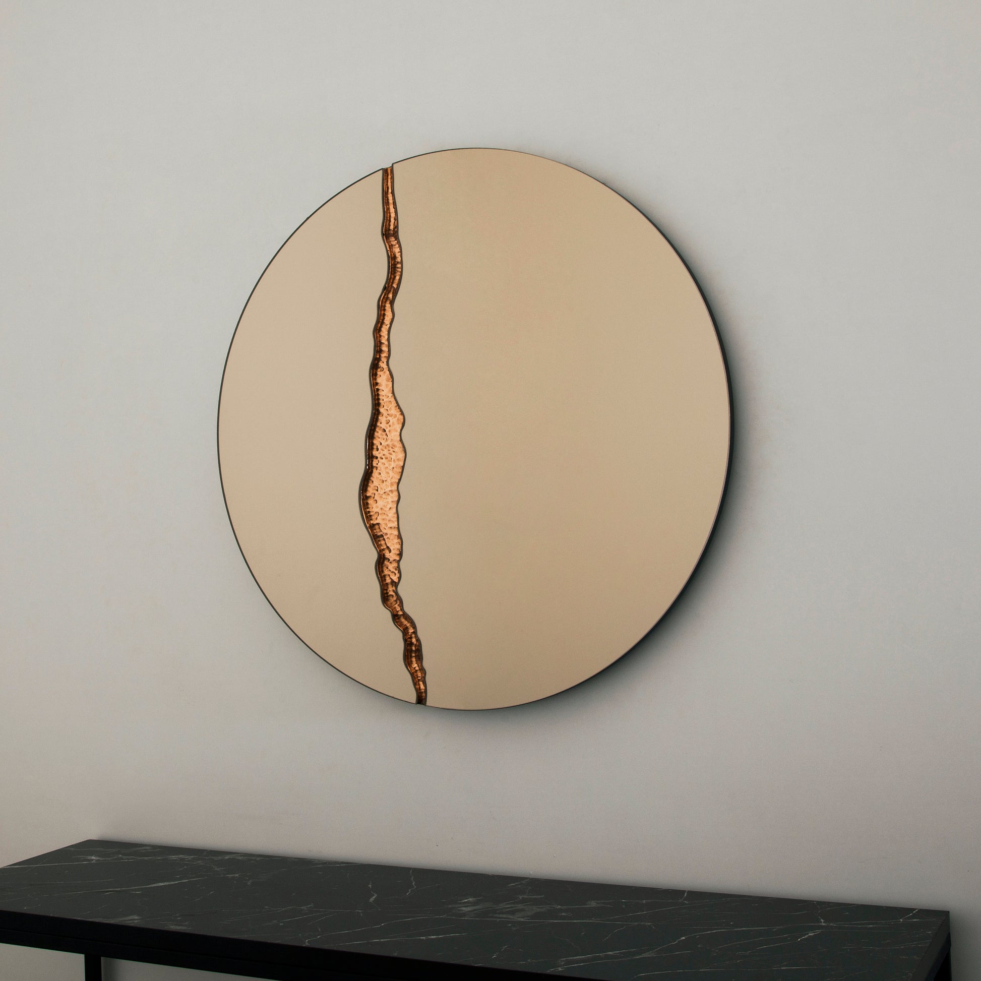 Fracture™ - Contemporary Round Frameless Bronze Mirror with Copper Detailed, Hand crafted, Copper Round Mirror