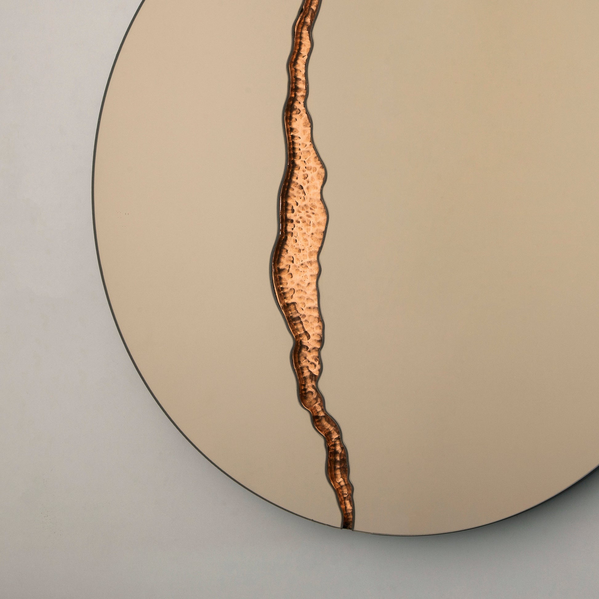 Fracture™ - Contemporary Round Frameless Bronze Mirror with Copper Detailed, Hand crafted, Copper Round Mirror