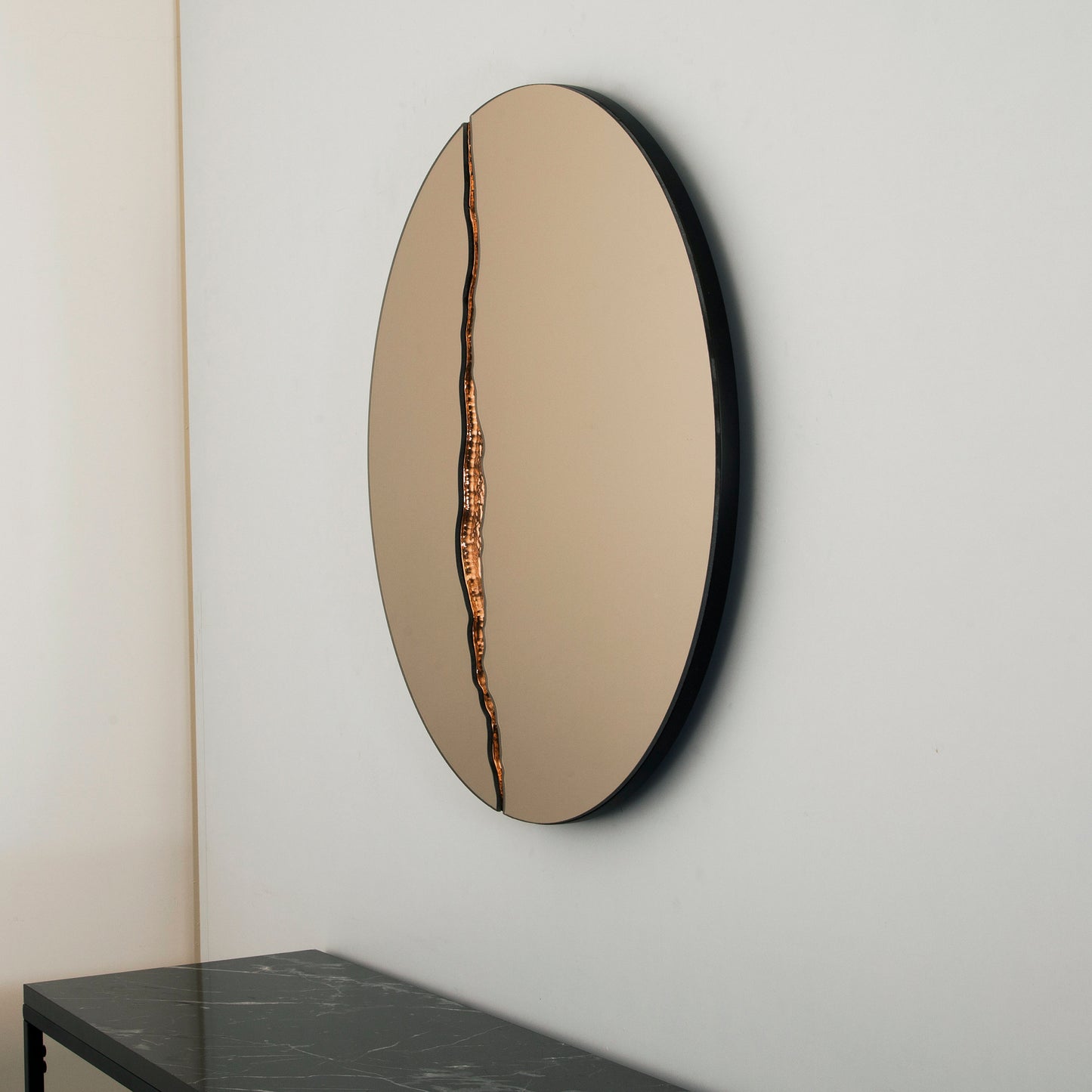 Fracture™ - Contemporary Round Frameless Bronze Mirror with Copper Detailed, Hand crafted, Copper Round Mirror