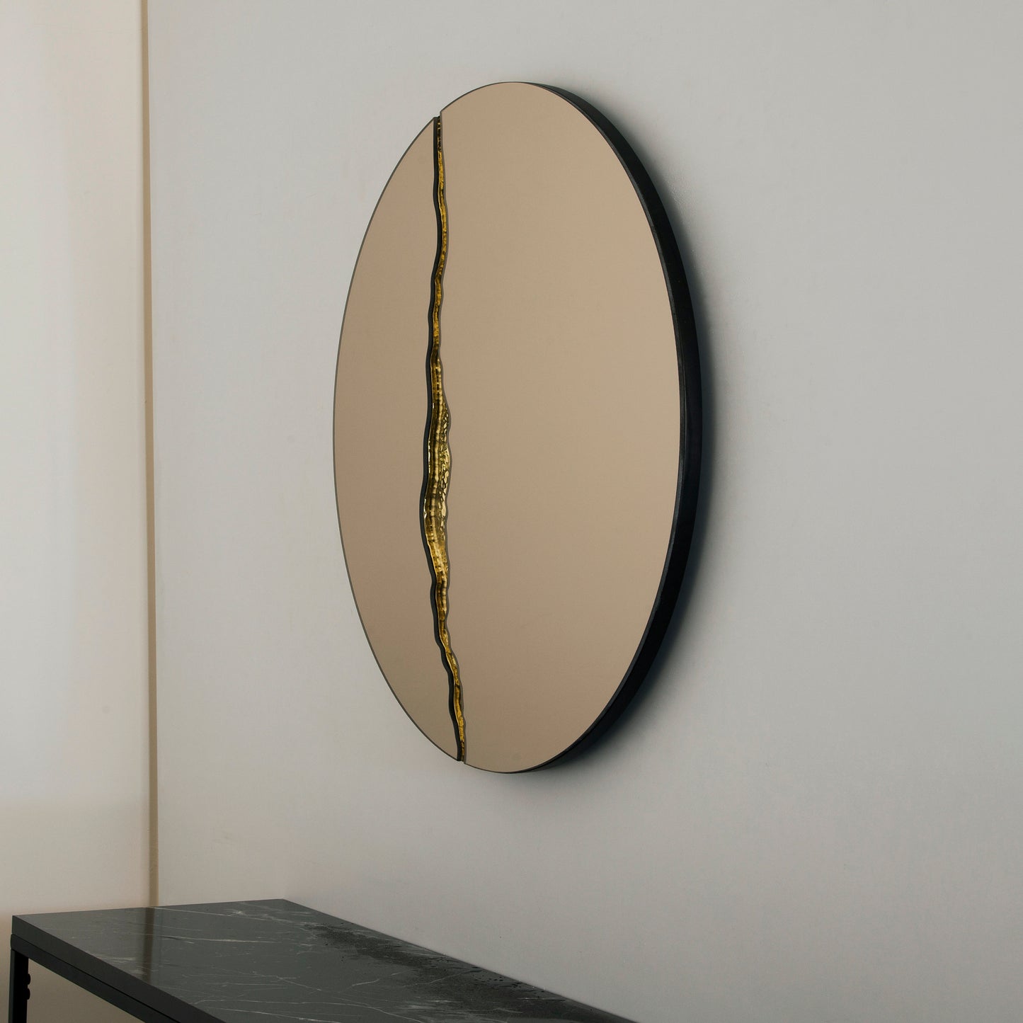 Fracture™ - Contemporary Round Frameless Bronze Mirror with Brass Detailed, Hand crafted, Brass Round Mirror