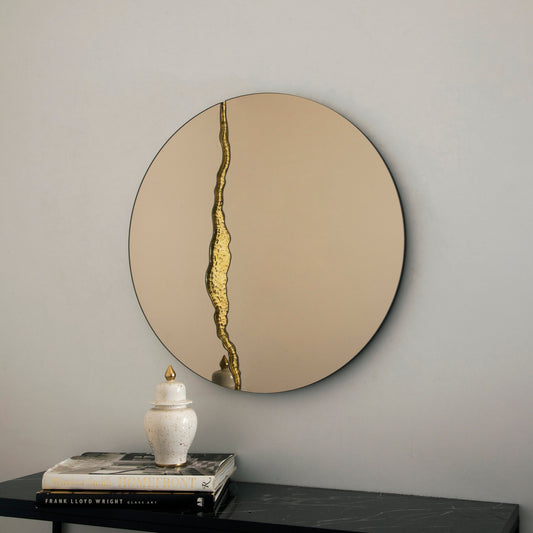 Fracture™ - Contemporary Round Frameless Bronze Mirror with Brass Detailed, Hand crafted, Brass Round Mirror