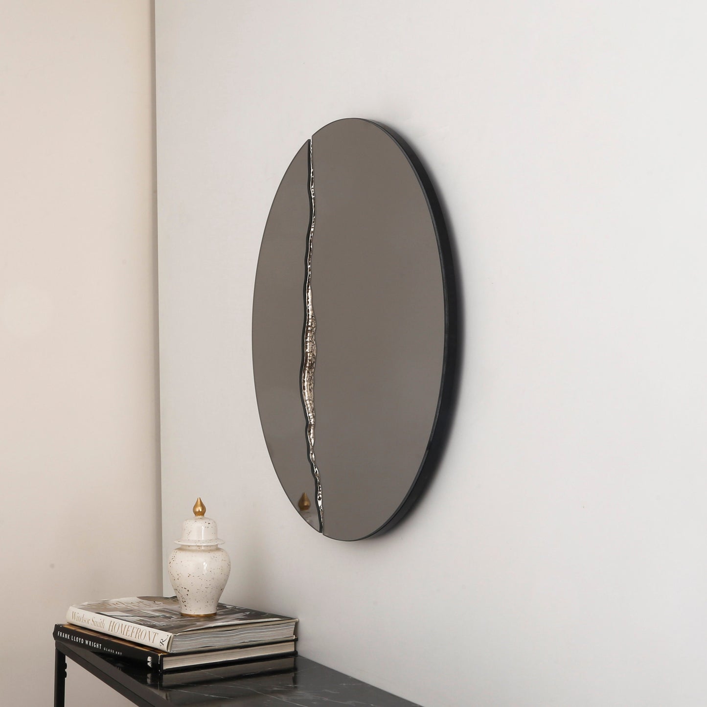 Fracture™ - Contemporary Round Frameless Mirror with Silver Detailed, Hand crafted, Silver Round Mirror