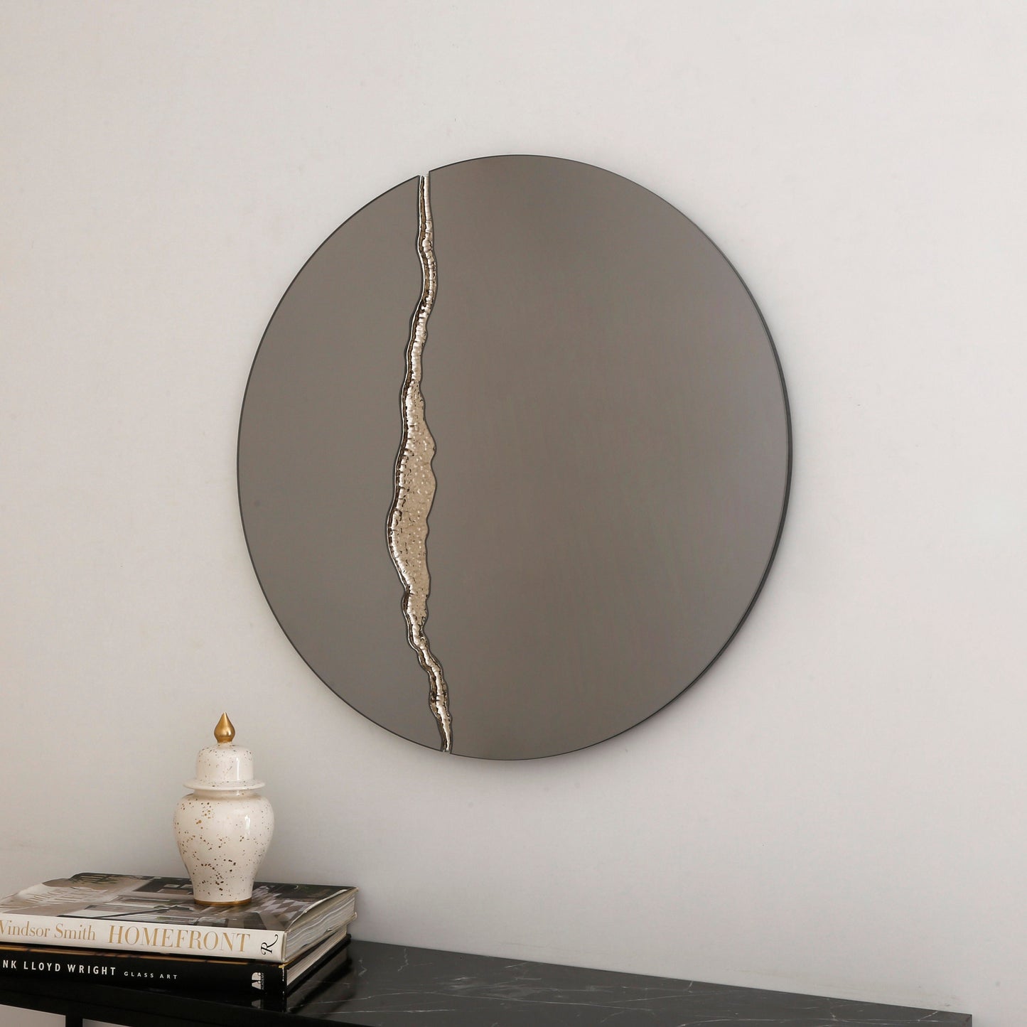 Fracture™ - Contemporary Round Frameless Mirror with Silver Detailed, Hand crafted, Silver Round Mirror