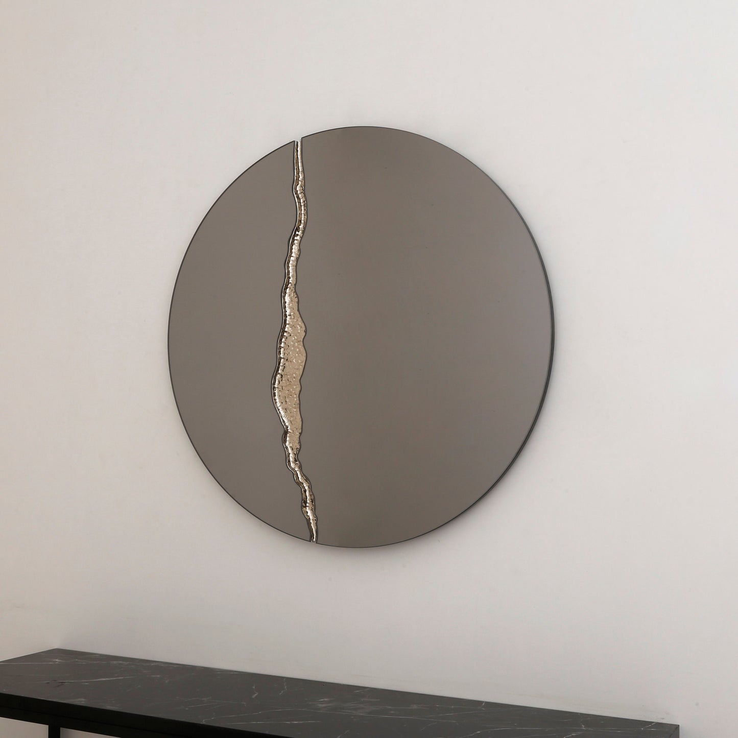 Fracture™ - Contemporary Round Frameless Mirror with Silver Detailed, Hand crafted, Silver Round Mirror