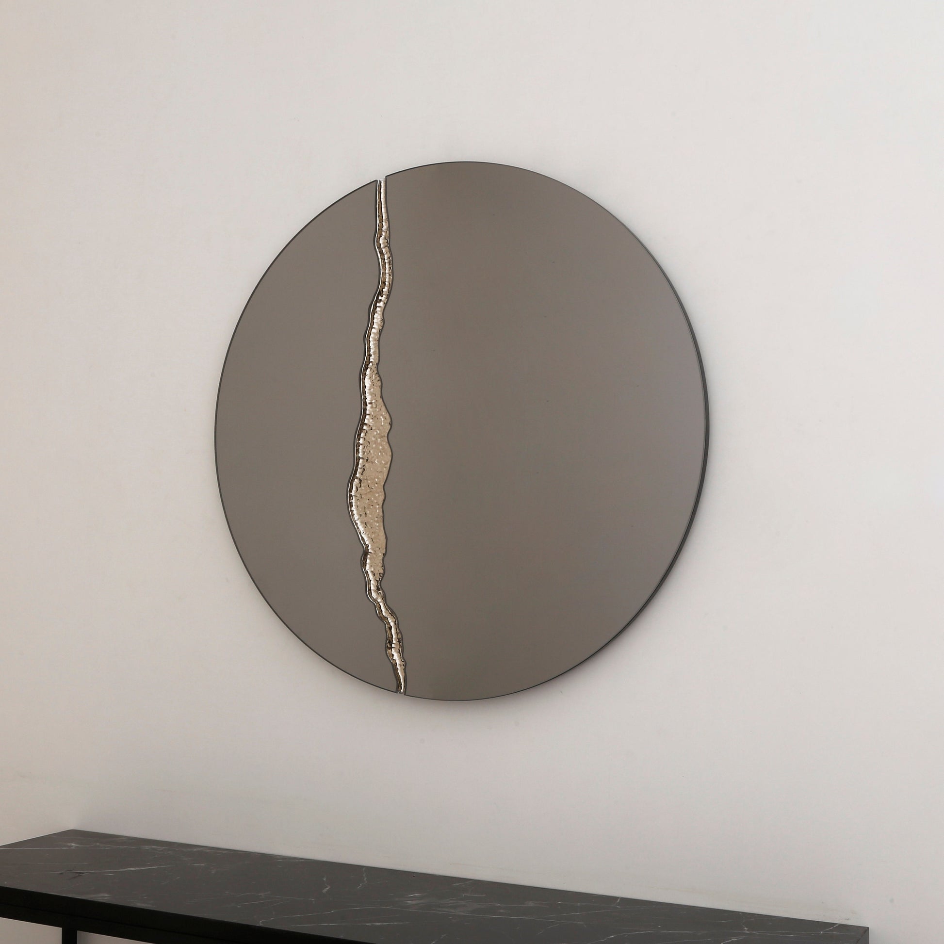 Fracture™ - Contemporary Round Frameless Mirror with Silver Detailed, Hand crafted, Silver Round Mirror