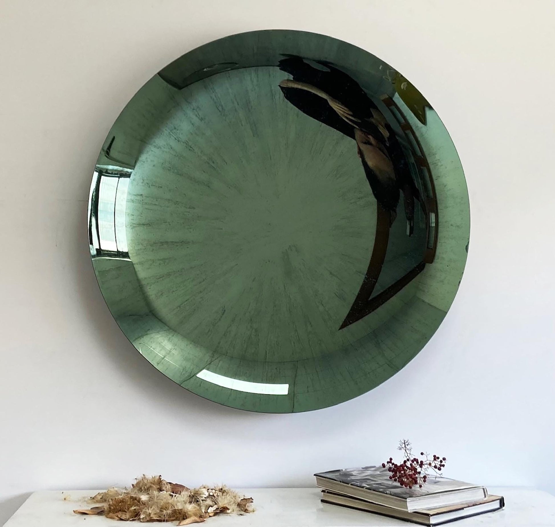 Modern Sculptural Concave Green Mirror, Contemporary Concave Mirror, Space Age Decor, Hand Crafted