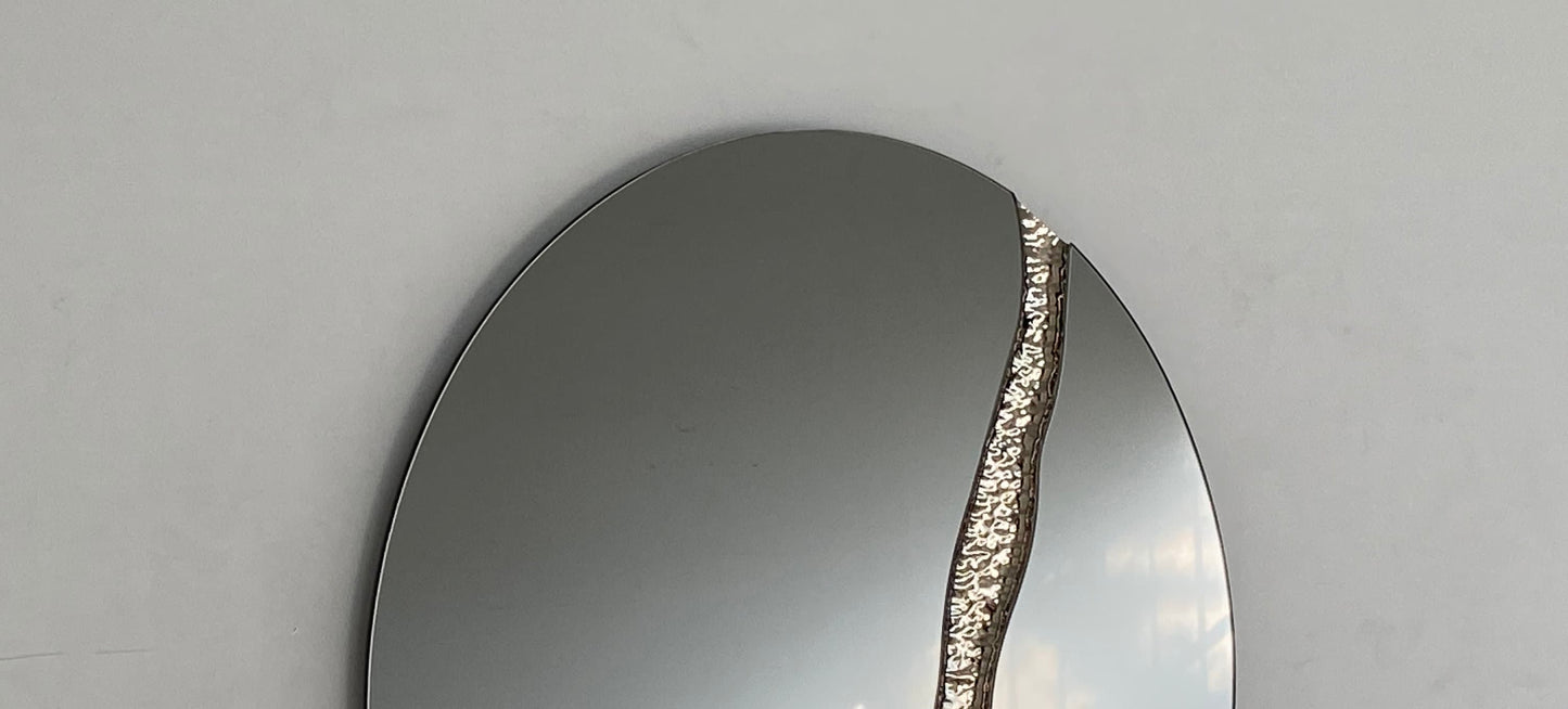 Fracture™ - Contemporary Oval Frameless Light Black Mirror with Silver Detailed, Hand crafted, Circle Wall Mirror