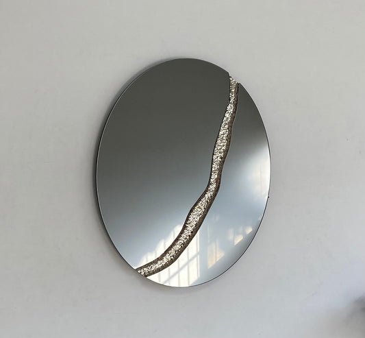 Fracture™ - Contemporary Oval Frameless Light Black Mirror with Silver Detailed, Hand crafted, Circle Wall Mirror