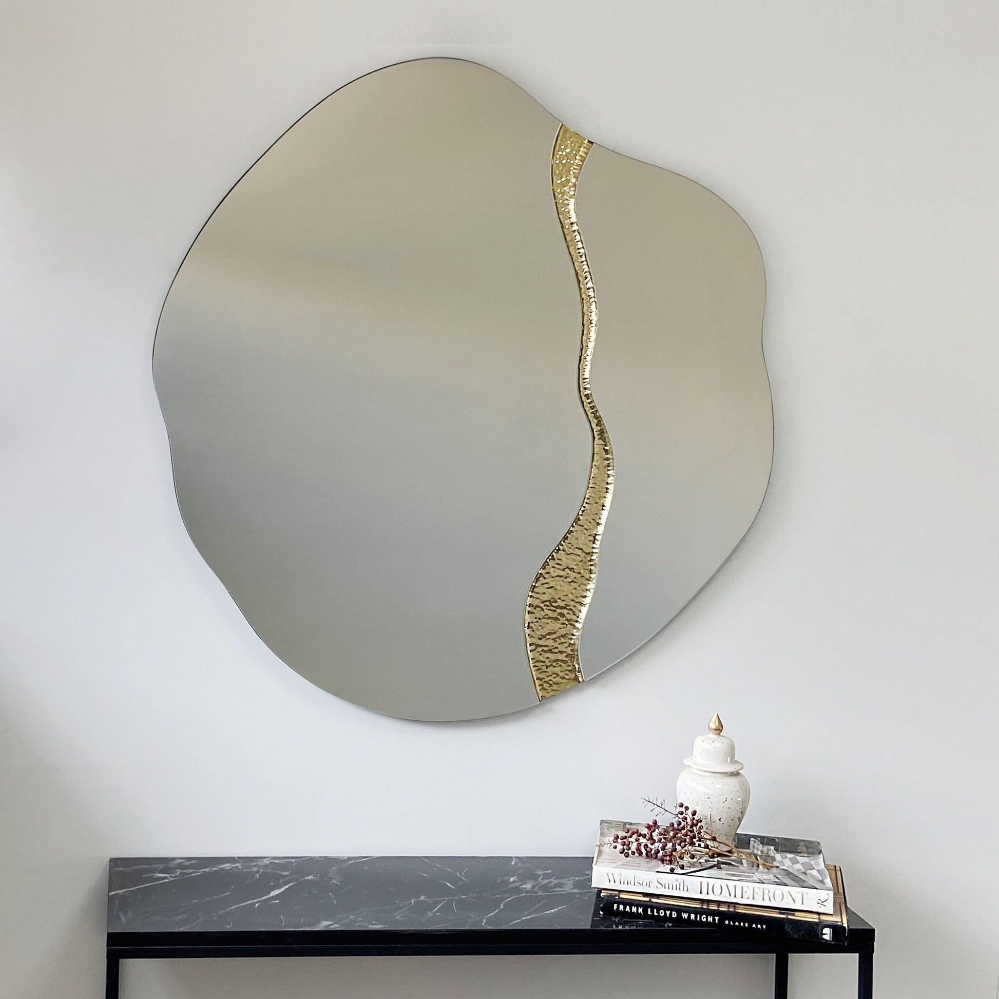 Fracture™ - Contemporary İrregular Mirror with Brass Detailed, Hand crafted, Organic Shape Mirror, Hand Crafted Frameless Mirror