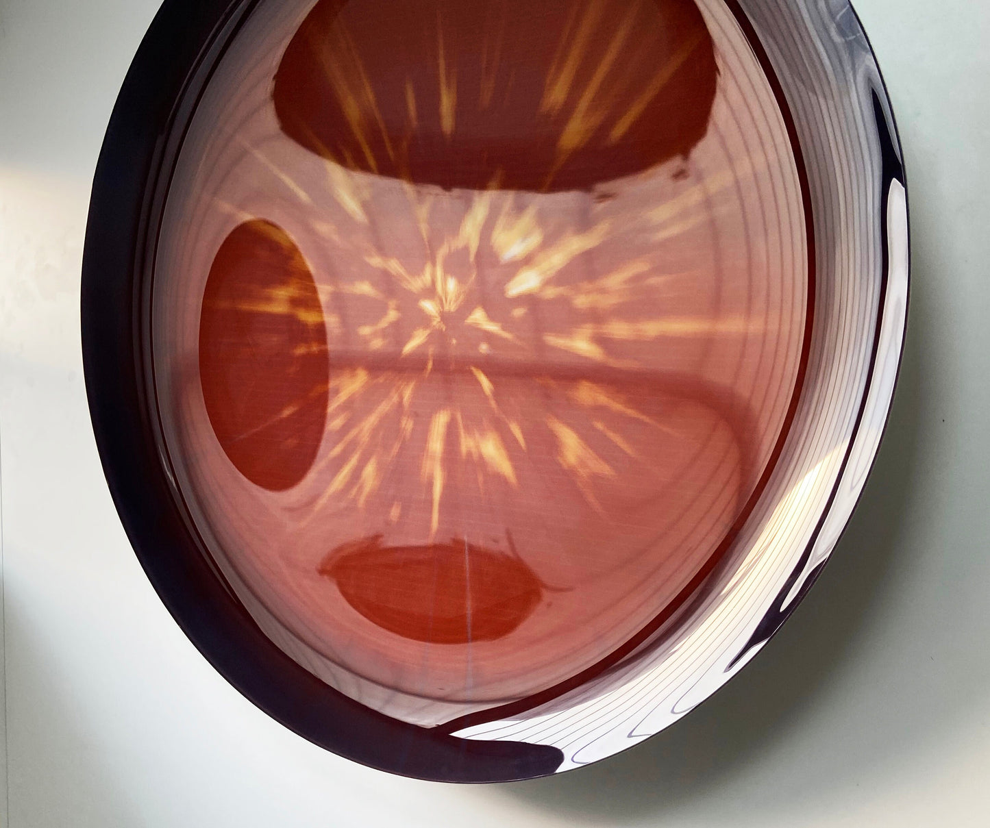 Modern Sculptural Red Glass, Inspired by Space Age decor, Contemporary Concave Mirror, Hand Crafted, Wall Decor